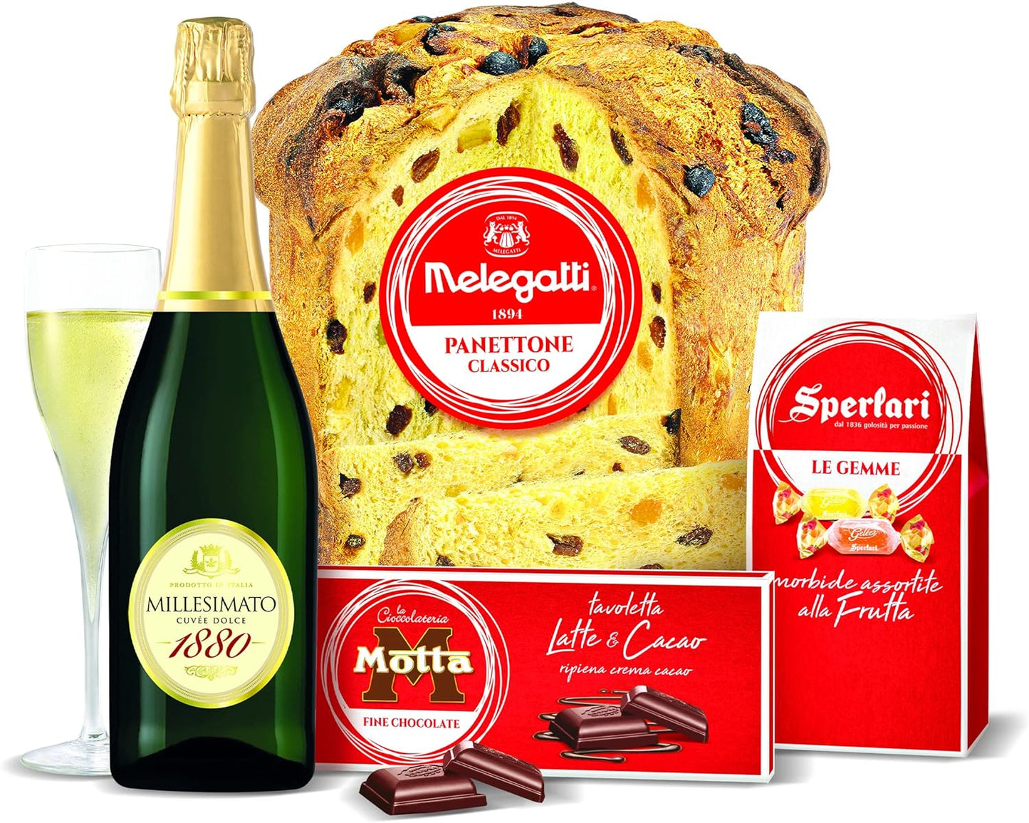 LE CADEAU | Confezione Regalo "Scatola Natale In Festa Panettone", Confezione Alimentare Natalizia 4 Pezzi: Panettone Melegatti, Spumante, Tavoletta Cioccolato, Gelèes Alla Frutta, Idea Regalo Natale