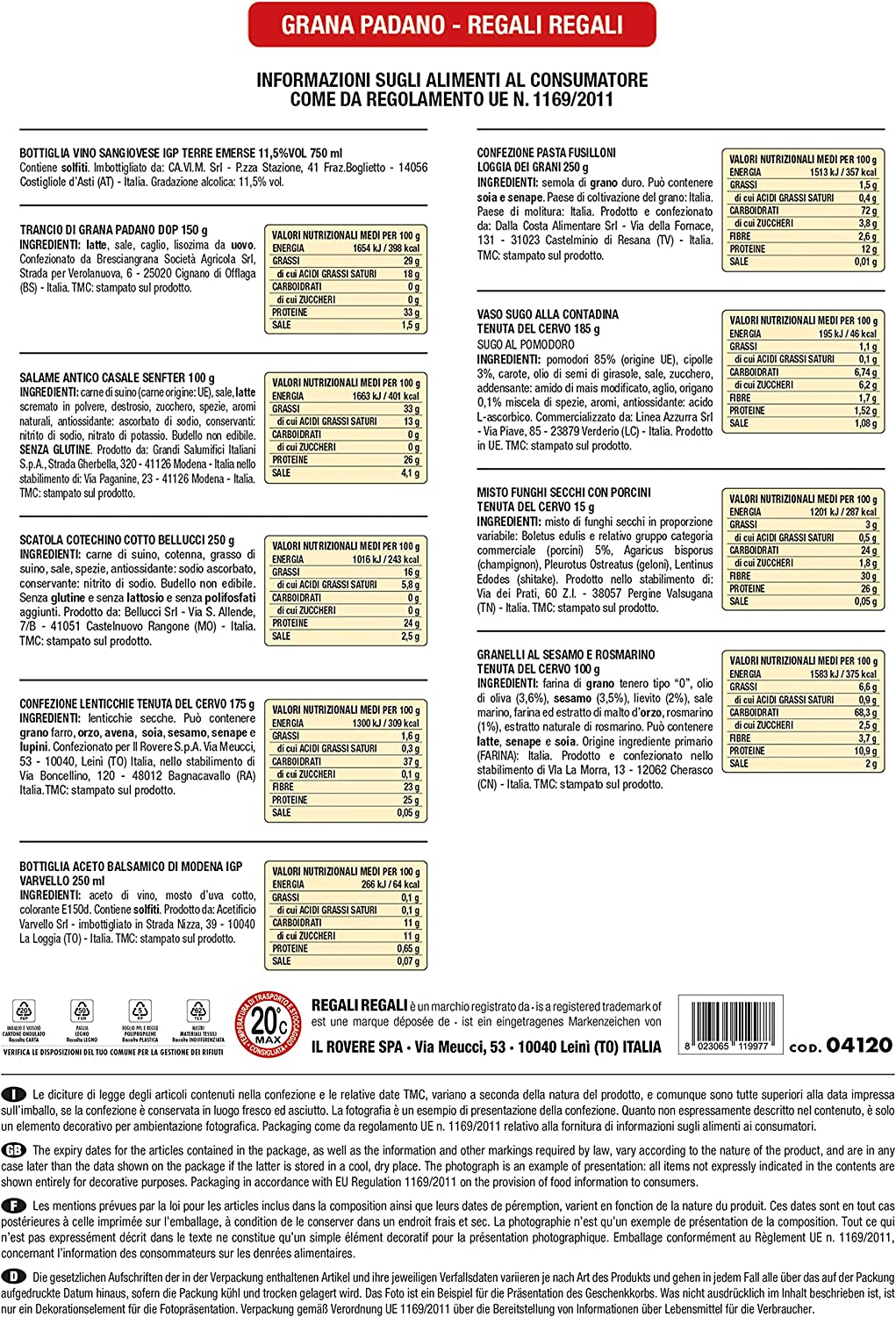 REGALI REGALI | Confezione Regalo "Vassoio Grana Padano", Cesto Alimentare Natalizio 10 Pezzi, Vassoio Serigrafato Composto da Vino Sangiovese, Grana Padano DOP, Aceto Balsamico, Pasta e Tanto Altro