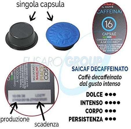 Saicaf Kit 16 capsule caffè compatibili A MODO MIO miscela DEC DECAFFEINATO DEKA ACAF macchina caffè LINEA PIACE COSÌ
