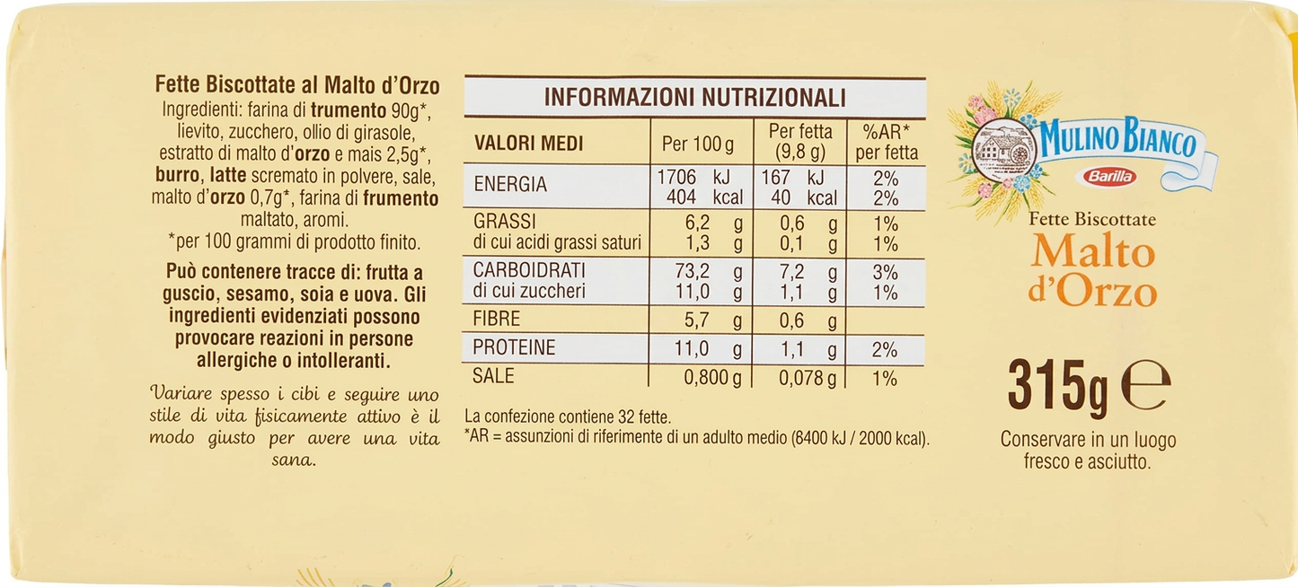 8X Mulino Bianco Fette Biscottate Malto d'Orzo Croccanti e con Farina di Frumento 315g [BOX da 8 Confezioni]