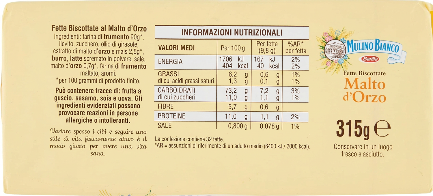 8X Mulino Bianco Fette Biscottate Malto d'Orzo Croccanti e con Farina di Frumento 315g [BOX da 8 Confezioni]