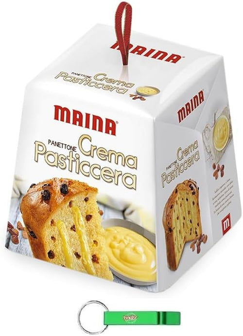 8x Maina Panettone Crema Pasticcera - Dolce Natalizio Tradizionale Italiano - Torta Natalizia con Crema Pasticcera e Uva Sultanina 800g + Portachiavi Beni Culinari in Omaggio