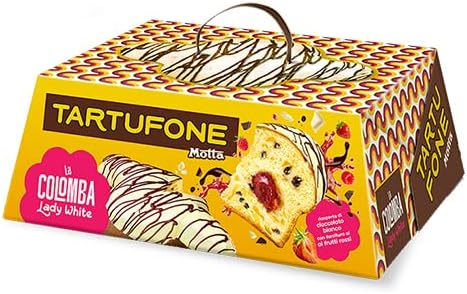 Motta Tartufone Colomba "Lady White" Ricoperta di Cioccolato Bianco e Farcita di Frutti Rossi 700gr con Portachiavi CAIYA® - Special Pasqua 2023