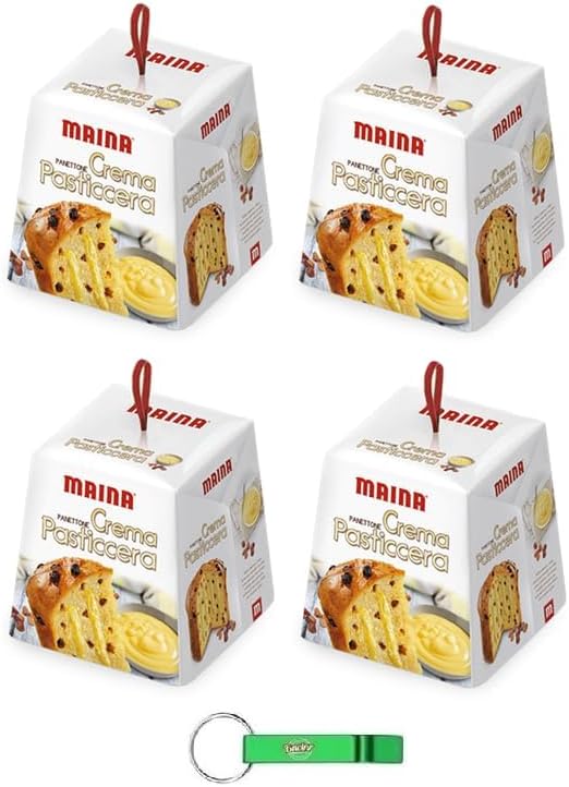 4x Maina Panettone Crema Pasticcera - Dolce Natalizio Tradizionale Italiano - Torta Natalizia con Crema Pasticcera e Uva Sultanina 800g + Portachiavi Beni Culinari in Omaggio