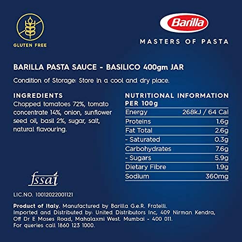 Barilla Salsa Basilico Pasta e Pizza, 400g, Italia | Progetto non OGM verificato | Vegano | Senza glutine | Senza coloranti aggiunti o Presevativi