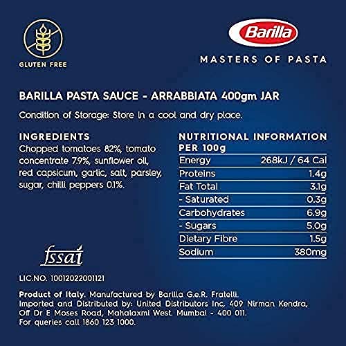 Barilla Sugo Pasta - Arrabbiata con Peperoncini 400 gr - Italia | Progetto Non OGM Verificato | Vegano | Senza Glutine | Senza coloranti aggiunti o Presevativi