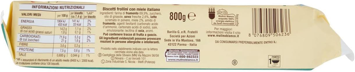 Mulino Bianco Biscotti Frollini Rigoli con Miele Italiano, Perfetti per la Colazione- 800 g