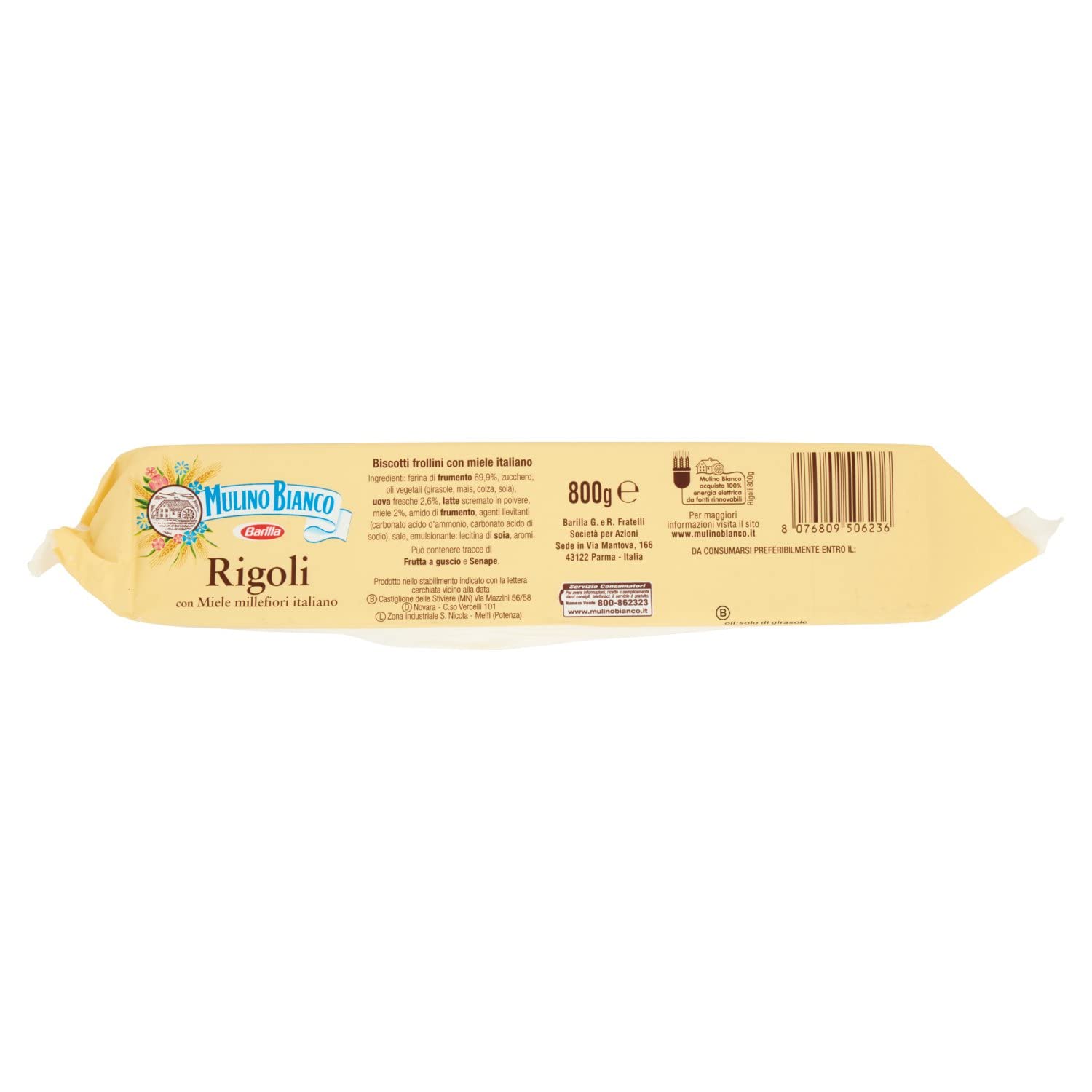 Mulino Bianco Biscotti Frollini Rigoli con Miele Italiano, Perfetti per la Colazione- 800 g (Confezione da 6)