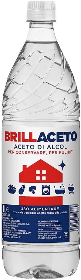 Pacco Convenienza X12 Brillaceto Aceto di Alcol, Per la Cura della Casa, Igienizzante Superfici e Uso Alimentare, Pulizia Casa Bagno e Cucina, Bianco, Bottiglie da 1 L e omaggio Penna Raspada