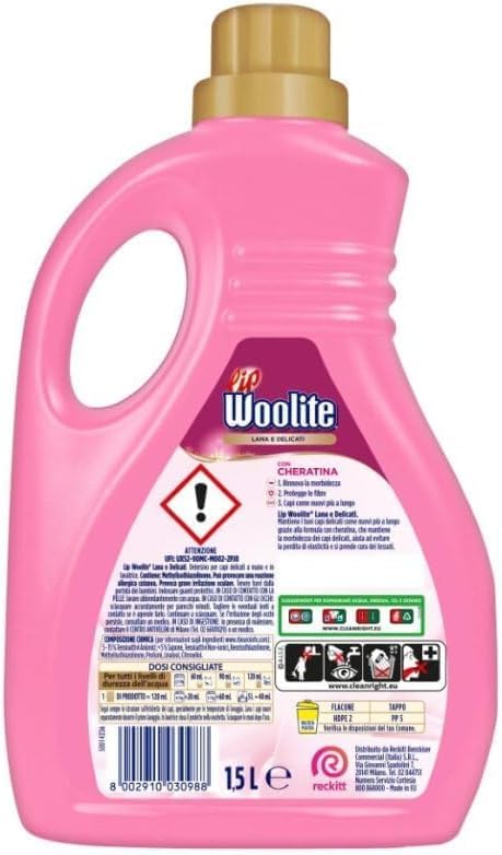 Lip Woolite Detersivo Lavatrice Lana e Delicati 25 Lavaggi, da 1500 ml di Detersivo Lavatrice Liquido Lana e Delicati con Cheratina