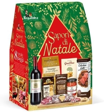 Cesto Natalizio 8 Pezzi “Sapori di Natale”, Confezione Regalo Gourmet con Prodotti Tipici Italiani, Salumi, Pasta, Vino Rosso, Cotechino e Dolci Tradizionali, Idea Regalo Elegante per le Feste