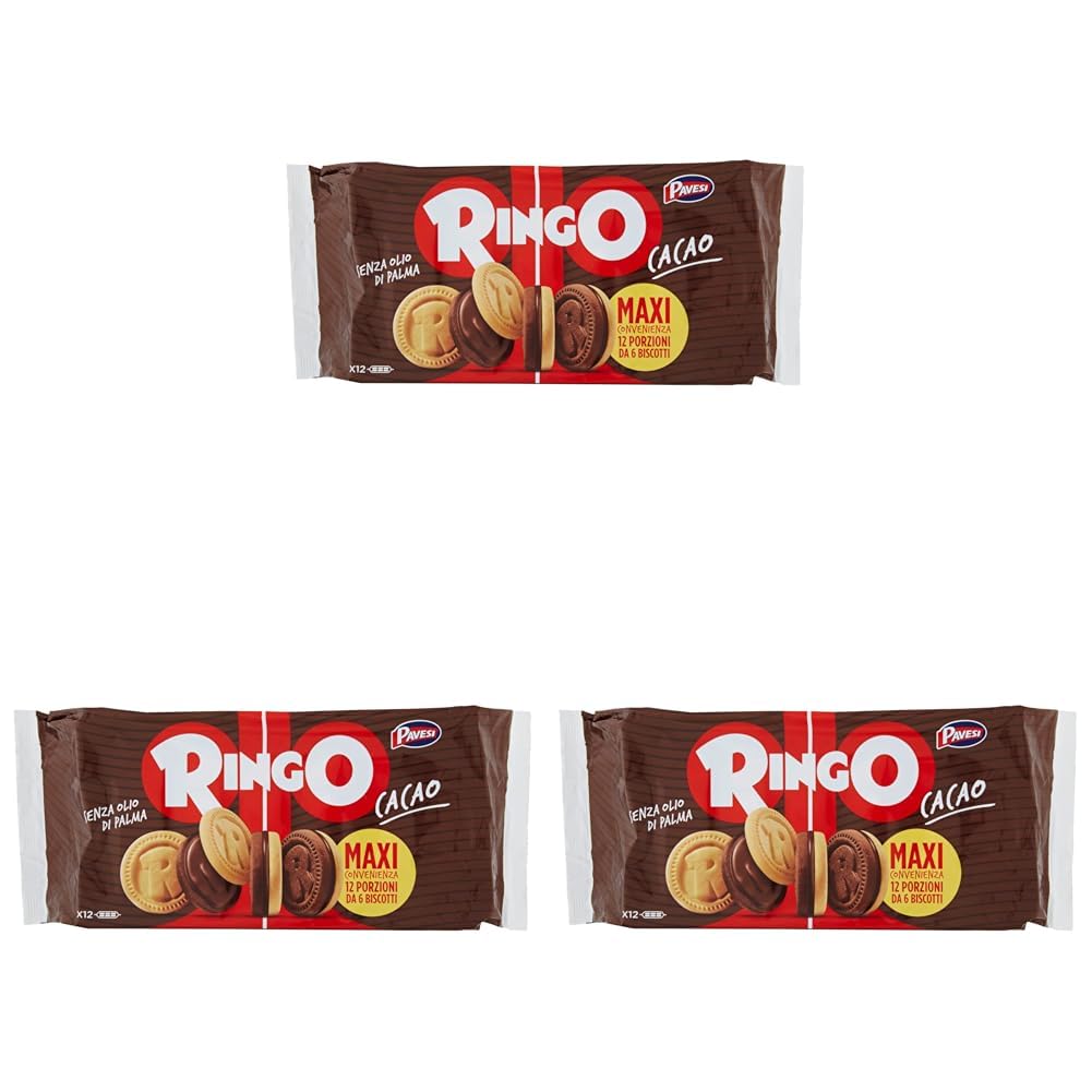 Pavesi Snack Ringo Cacao, Biscotti Farciti con Crema al Gusto Cioccolato, Snack per Merenda o Pausa Studio, Formato Bipacco Confezione da 1980 g, Giallo e Marrone