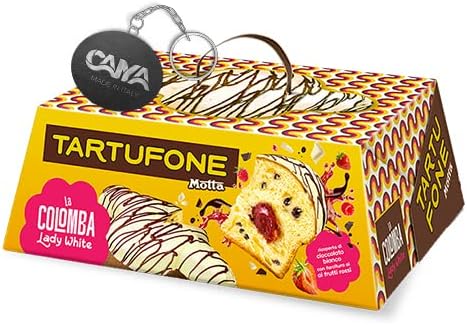 Motta Tartufone Colomba "Lady White" Ricoperta di Cioccolato Bianco e Farcita di Frutti Rossi 700gr con Portachiavi CAIYA® - Special Pasqua 2023