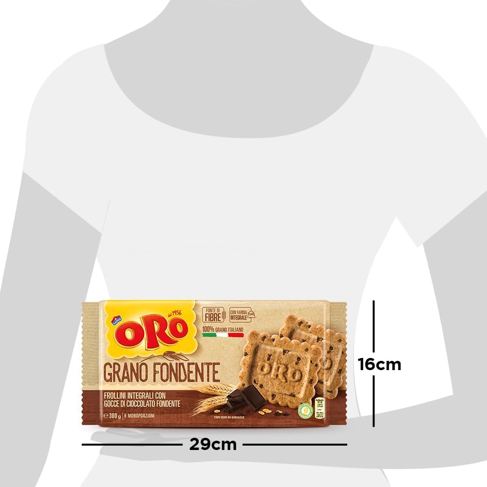 Oro Saiwa Grano Fondente, Biscotti Integrali con Gocce di Cioccolato Fondente, Fonte di Fibre con Farina Integrale, 100% Grano Italiano, 300g (6 monoporzioni da 50g)