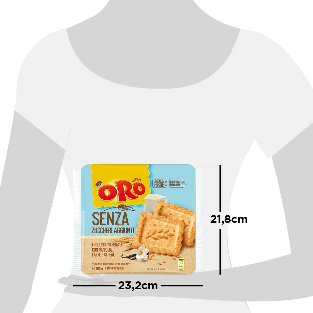 Oro Saiwa senza Zuccheri Aggiunti, Biscotti Integrali con Vaniglia, Latte e Cereali, Fonte di Fibre con Farina Integrale, 300g (6 monoporzioni da 50g)