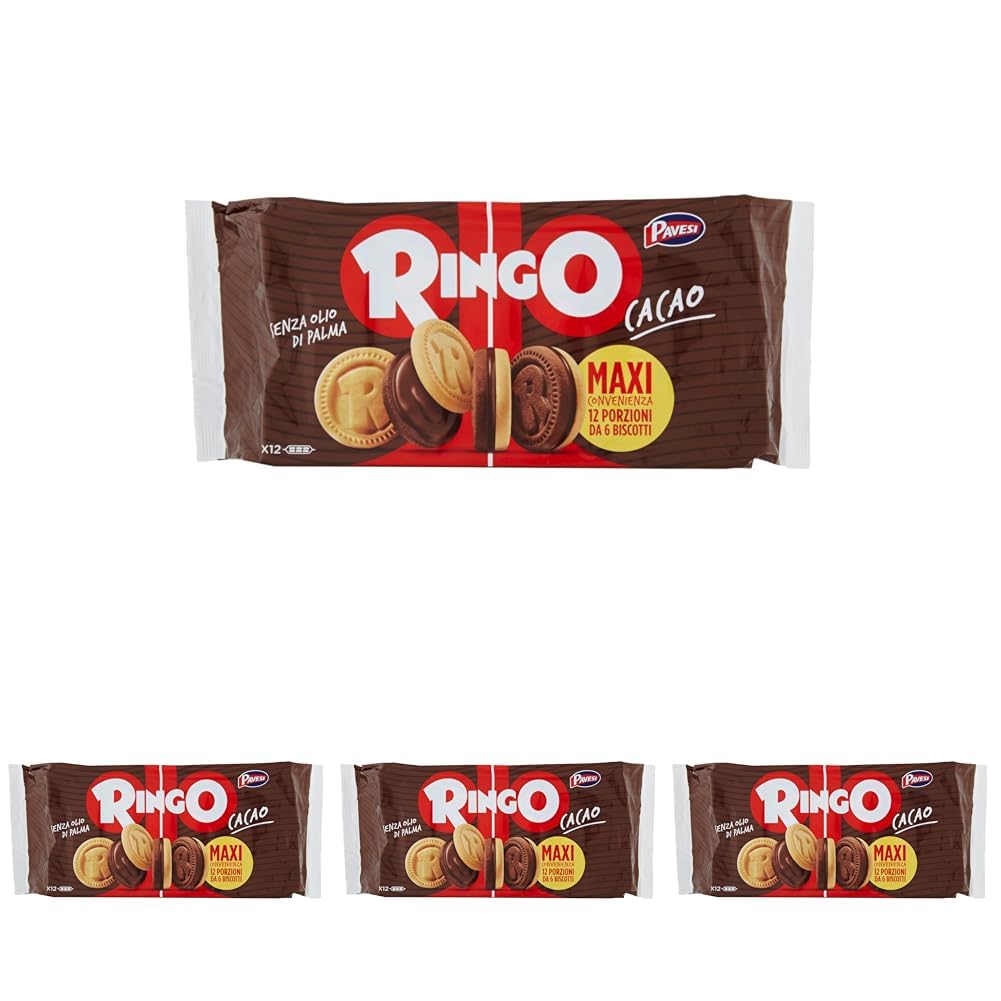 Pavesi Snack Ringo Cacao, Biscotti Farciti con Crema al Gusto Cioccolato, Snack per Merenda o Pausa Studio, Formato Bipacco Confezione da 2640 g, Giallo e Marrone