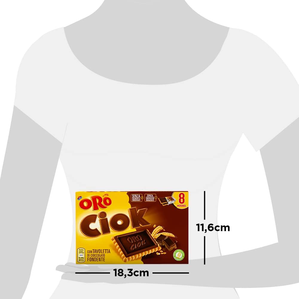 Oro Ciok, Biscotto con Tavoletta di Cioccolato Fondente, Merenda Semplice e Golosa, Fonte Naturale di Fibre, Senza Coloranti e Conservanti, 200g (8 monoporzioni da 25g)