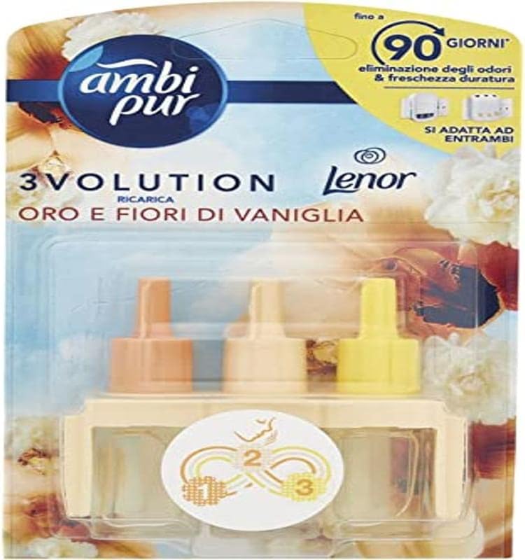 Ambi Pur 3Volution Oro e Fiori di Vaniglia Ricarica Deodorante per Ambienti con Diffusore Elettrico 20 ml, 3 Diverse Fragranze per Eliminare gli Odori