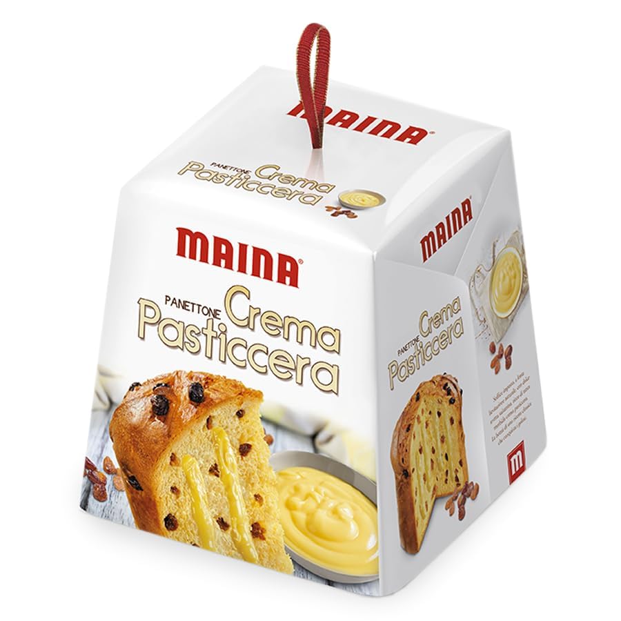 4x Maina Panettone Crema Pasticcera - Dolce Natalizio Tradizionale Italiano - Torta Natalizia con Crema Pasticcera e Uva Sultanina 800g