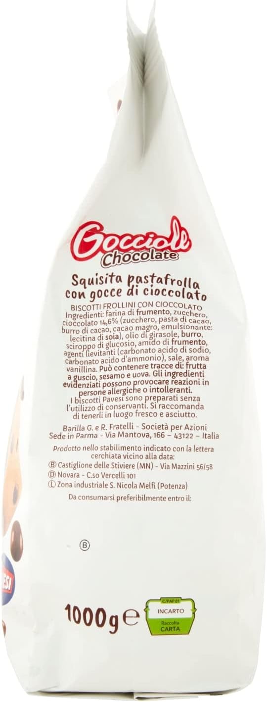 Pavesi Biscotti Frollini Gocciole Cioccolato, Biscotti da Colazione con Gocce di Cioccolato, senza Olio di Palma, 1 kg