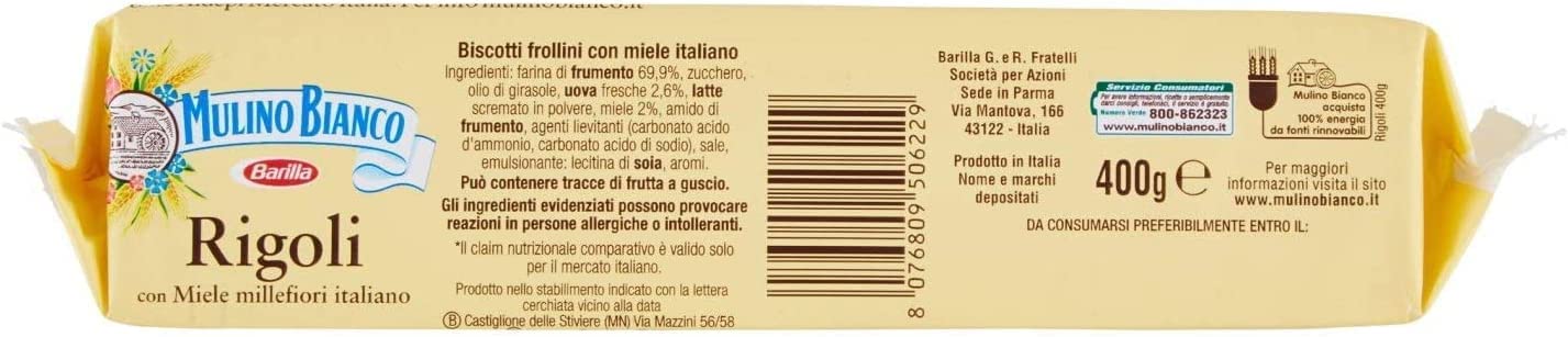 6X Mulino Bianco Rigoli Biscotti Frollini con Miele Millefiori Italiano 400g [ BOX da 6 Confezioni]