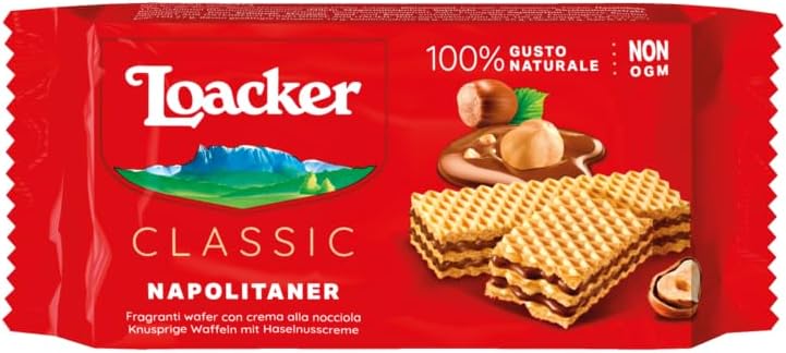 Loacker, Classic Napolitaner Multipack, Wafer Classico con 3 Strati di Cialde Farcite con Crema alla Nocciola, Merenda e Snack, Formato Convenienza, 1 Confezione da 4 Wafer