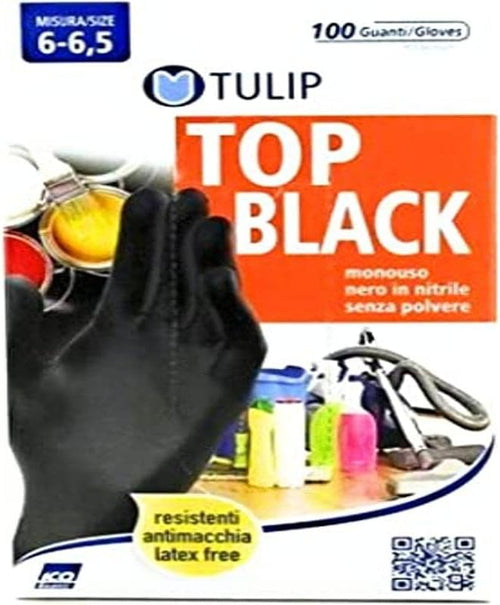 TULIP TOP BLACK GUANTI USA E GETTA IN NITRILE NERO SENZA POLVERE 100 PEZZI (S - 6/6,5)