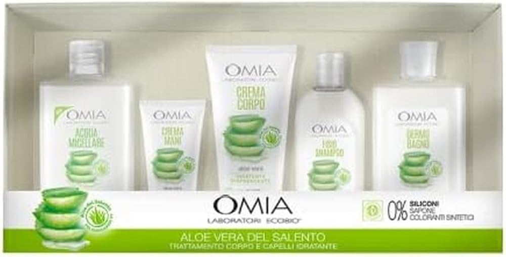 Omia Aloe Vera del Salento, Confezione Regalo Donna, Set Bagno, Cofanetto Corpo e Capelli con Acqua Micellare, Crema Mani, Crema Corpo, Fisio Shampoo e Dermo Bagno, Confezione da 5 pezzi