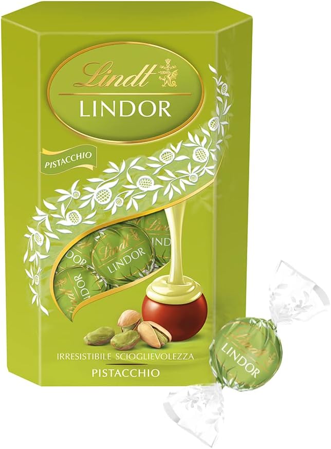 Lindt Lindor Praline di Cioccolato al Latte con Ripieno Pistacchio, 16 Cioccolatini al Pistacchio, Confezione da 200g