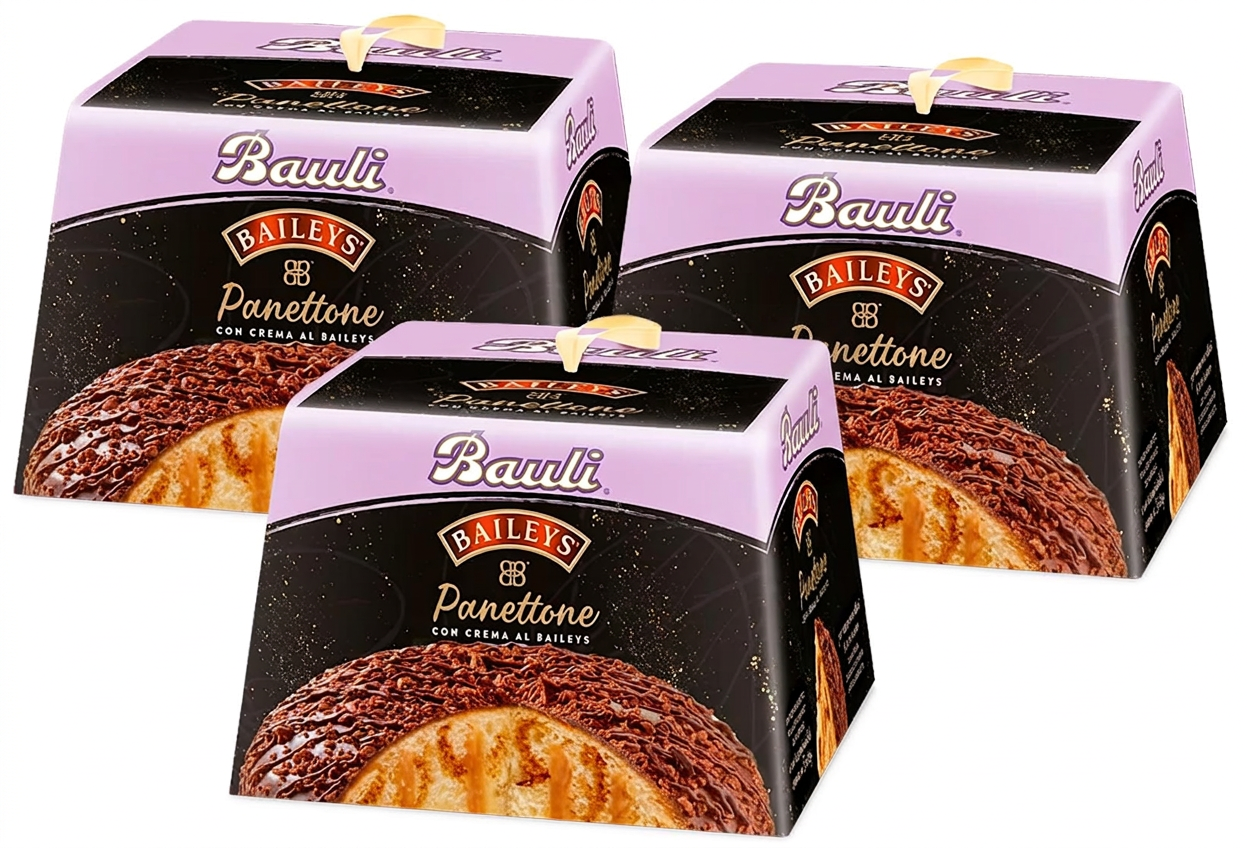 3X Bauli Panettone Baileys con Crema al Liquore Baiyles e Copertura di Cioccolato Fondente e Granella di Biscotto 750g [3 Panettoni]