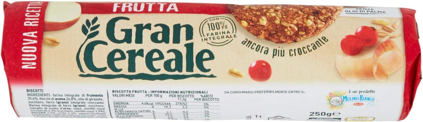 Gran Cereale Biscotti Gran Cereale alla Frutta, Biscotti dal Gusto Pieno Ricchi di Fibra e Fosforo - 250 g