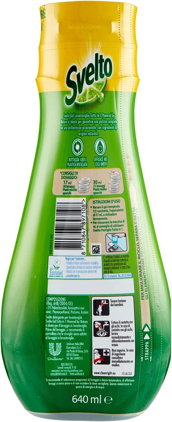 Svelto Gel Lavastoviglie Tutto in 1 Powered By Nature, 36 Lavaggi, Detersivo Lavastoviglie con Ingredienti di Origine Naturale, Efficace nei Cicli Brevi, 100% Plastica Riciclata, Limone