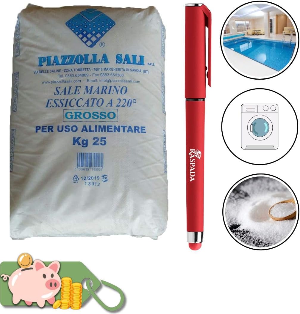 Raspada Sale per Piscina e Sale Lavastoviglie 25kg - Equilibra il PH Piscina, anche uso Alimentare (Grosso - Multiuso)