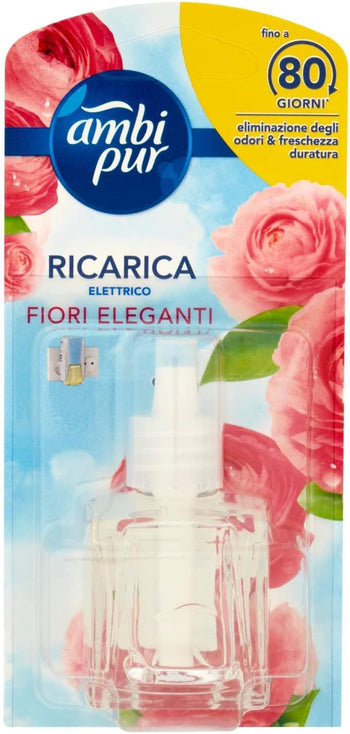 Ambi Pur Profumatore per Ambienti Profumo fiori eleganti, 1 Ricarica per Diffusore Elettrico, Elimina Odori, Usare in Ogni Stanza, Durata fino a 80 Giorni di Profumo