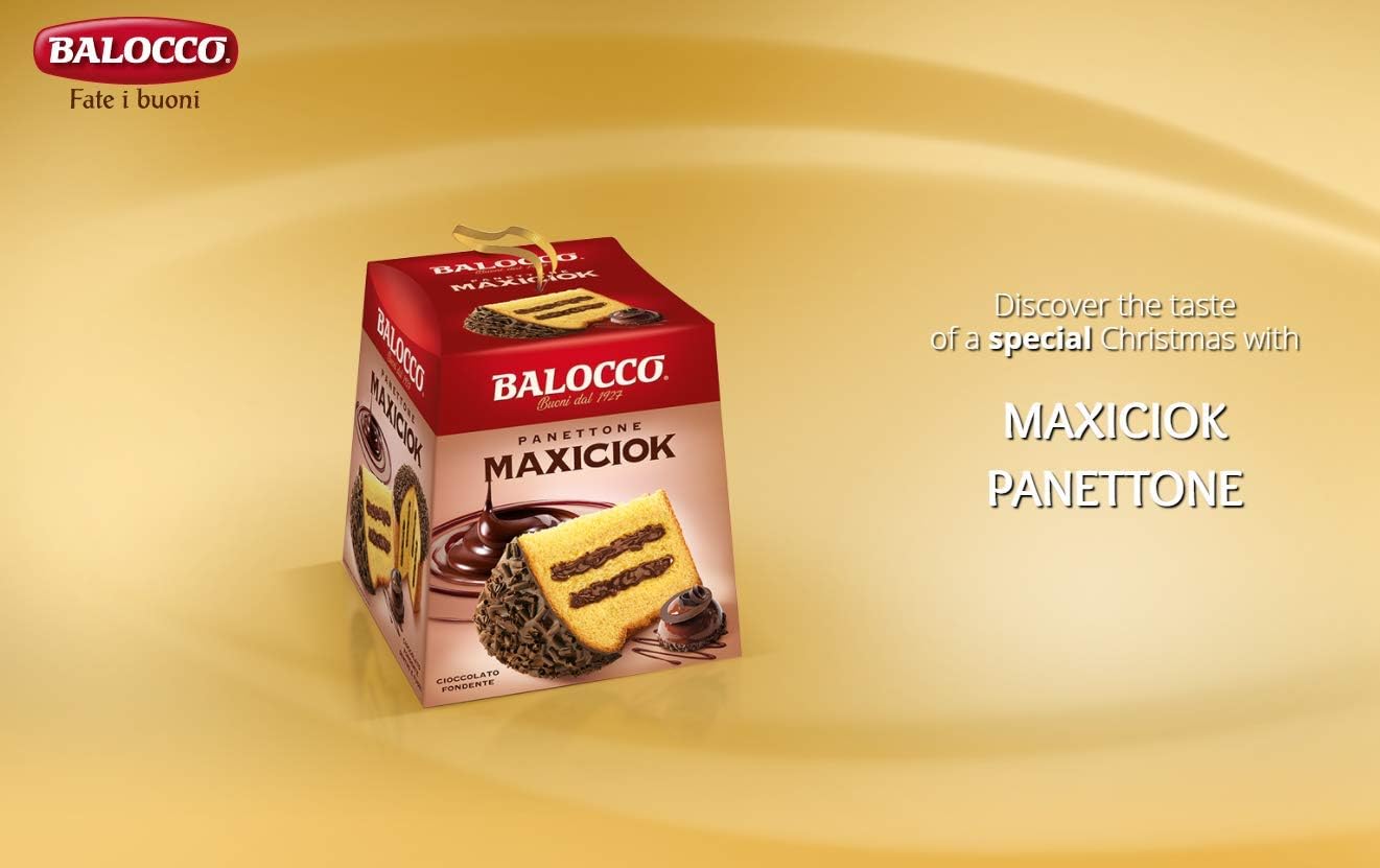 Balocco Panettone Maxiciok con Cioccolato Fondente, Uova Galline Allevate a Terra, Senza Canditi e Uvetta, con Crema, Dolce Natale, Qualità Made in Italy (Panettone Maxiciok, 800 g)