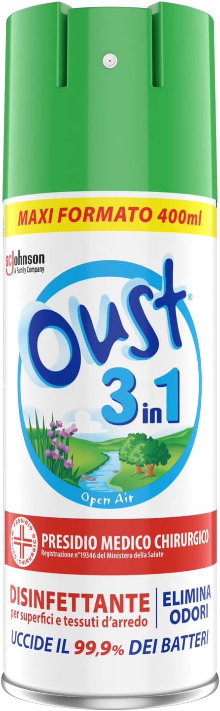 Oust 3 in 1 Spray Disinfettante 400 ml, per Superfici e Tessuti, Uccide il 99,9% dei Batteri, 400 ml