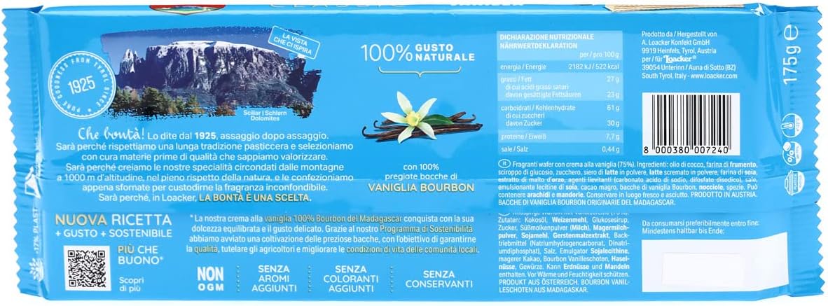 Loacker, Classic Vanille, Wafer Classico con 3 Strati di Cialde Farcite con Crema alla Vaniglia, 100% Vaniglia Bourbon, Merenda e Snack, 1 Confezione da 175g