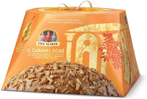 PANETTONE TRE MARIE CARAMEL DORE CON COPERTURA CIOCCOLATO BIANCO E PERA GR900 - NATALE