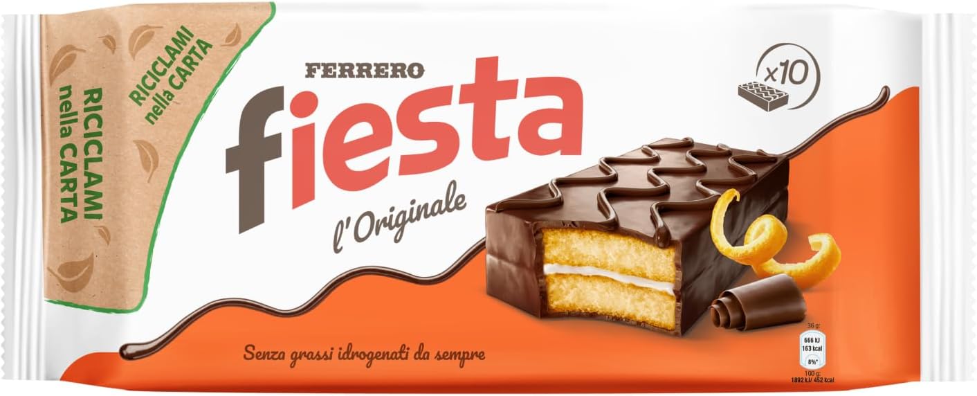 Ferrero Fiesta - 10 Merendine di Pan di Spagna Ricoperte di Cioccolato, Delicato Sapore di Arancia, Ottime a Colazione e Merenda, Confezione da 360 Grammi