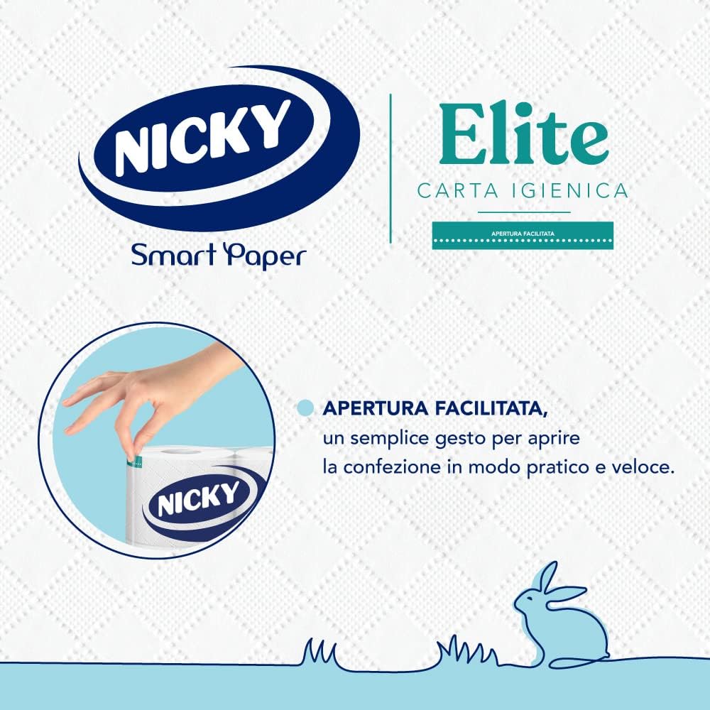 Nicky Elite - 4 Rotoli di Carta Igienica, 170 Soffici Fogli a 3 Veli, Morbida e Resistente a Contatto con la Pelle, Dermatologicamente Testata, Carta 100% Certificata FSC®