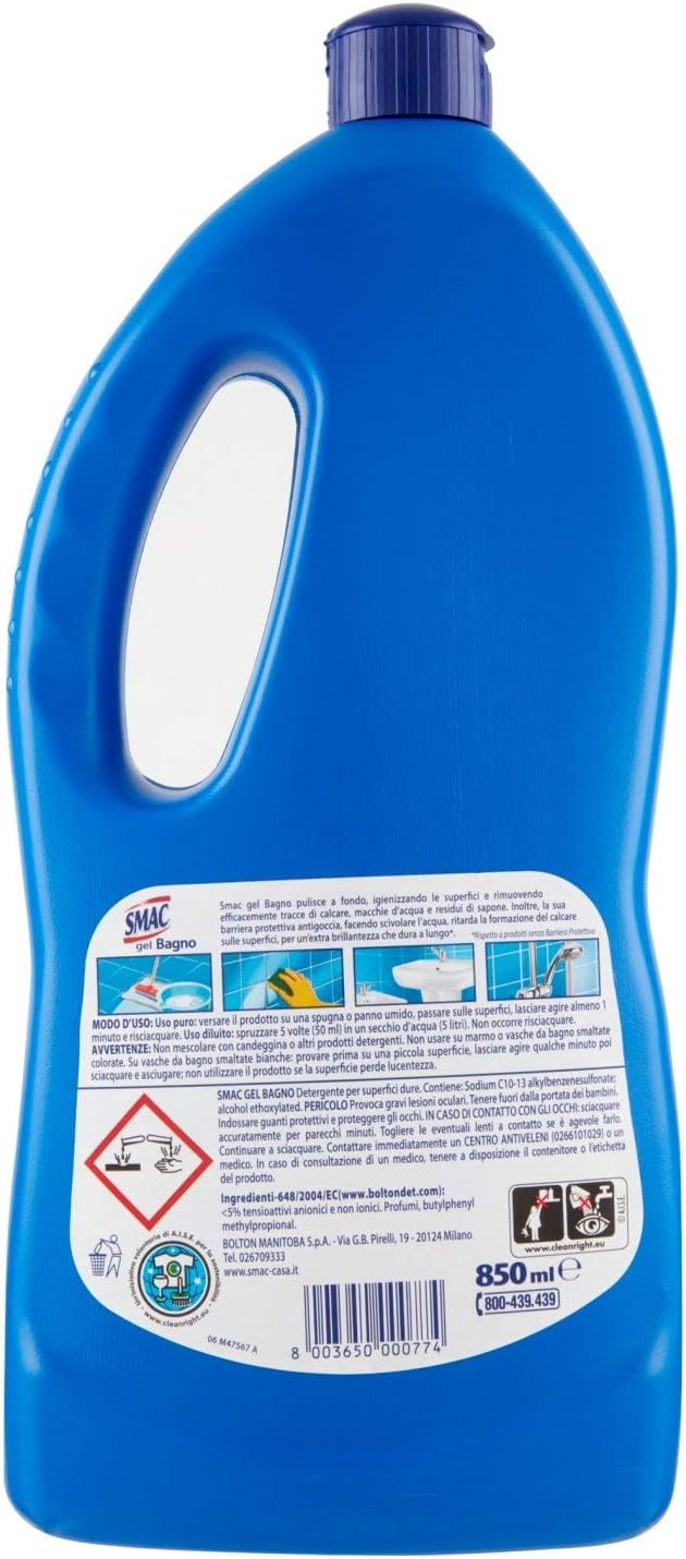 Smac - Detergente Gel Bagno Multisuperficie, Azione Igienizzante e Brillantezza, con Barriera Antigoccia, 850 ml