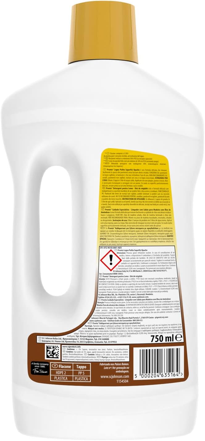 Pronto Legno Pulito Superfici Opache - Detergente Pavimenti in Legno Opaco, Fragranza Olio di Mandorla, Formato Scorta da 12 Pezzi da 750 ml