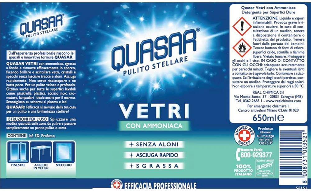 Quasar Vetri, detergente per vetri con ammoniaca, flacone da 650 ml