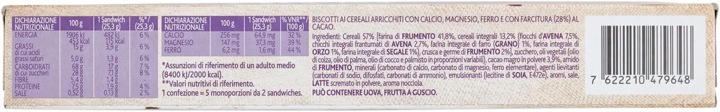 Vitasnella Cereal Crema - Biscotti ai Cereali con Farcitura al e Gusto Nocciola Cacao, 250 Grammi