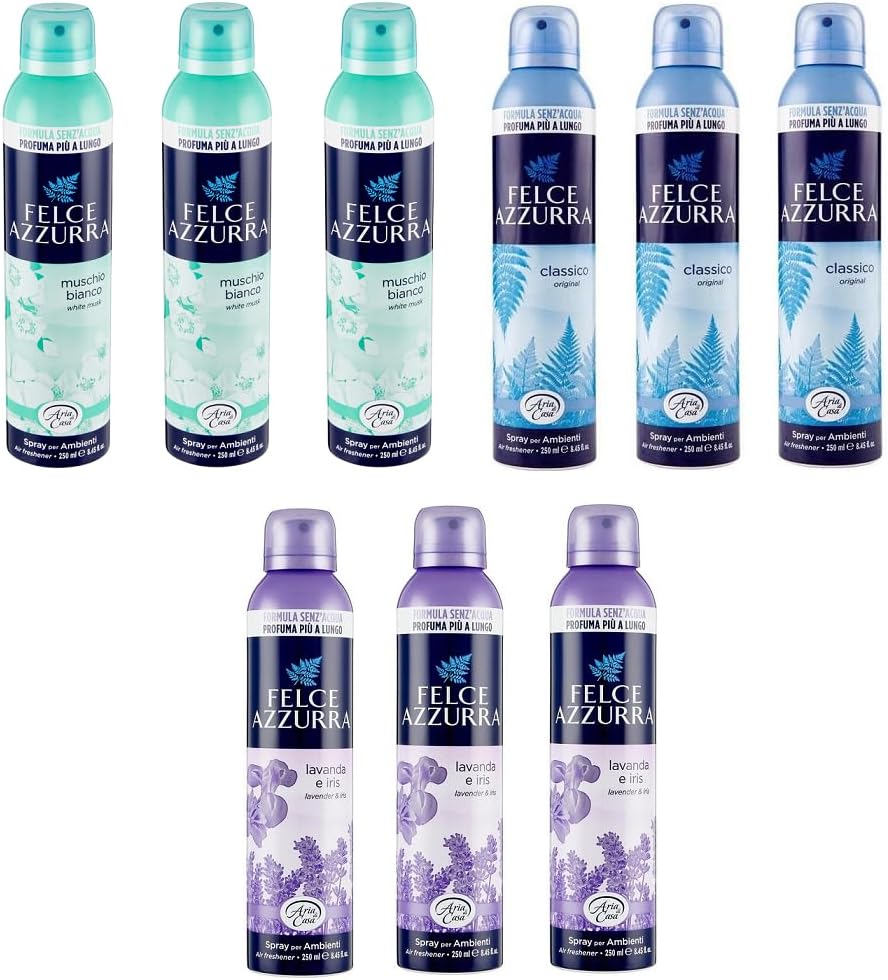 Felce Azzurra Test Pack Spray per Ambienti Room Spray Classico Talco Lavanda e Iris Muschio Bianco (9 x 250ml)