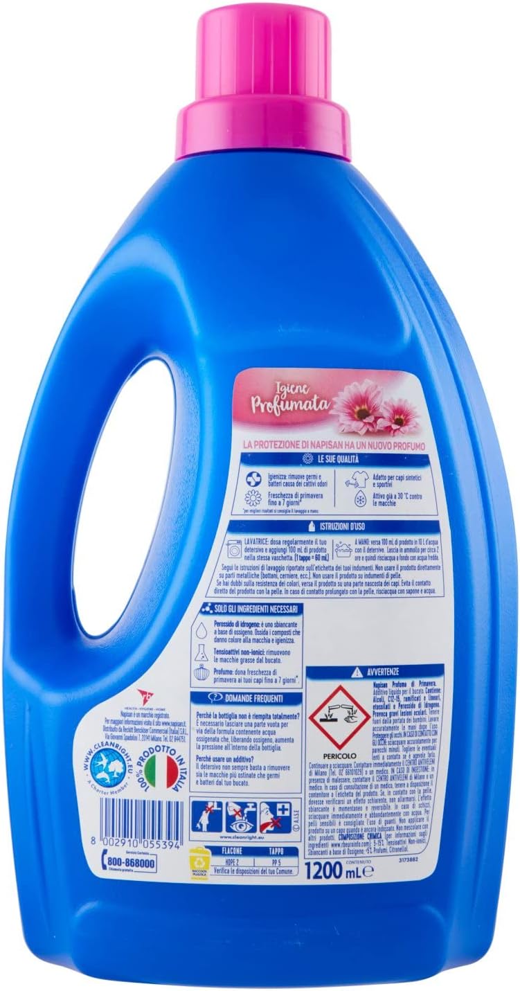 Napisan Additivo Igienizzante Lavatrice, Additivo Igienizzante Liquido Per Bucato, Profumo Di Primavera, Confezione Da 1.2 Litri - 1230 g