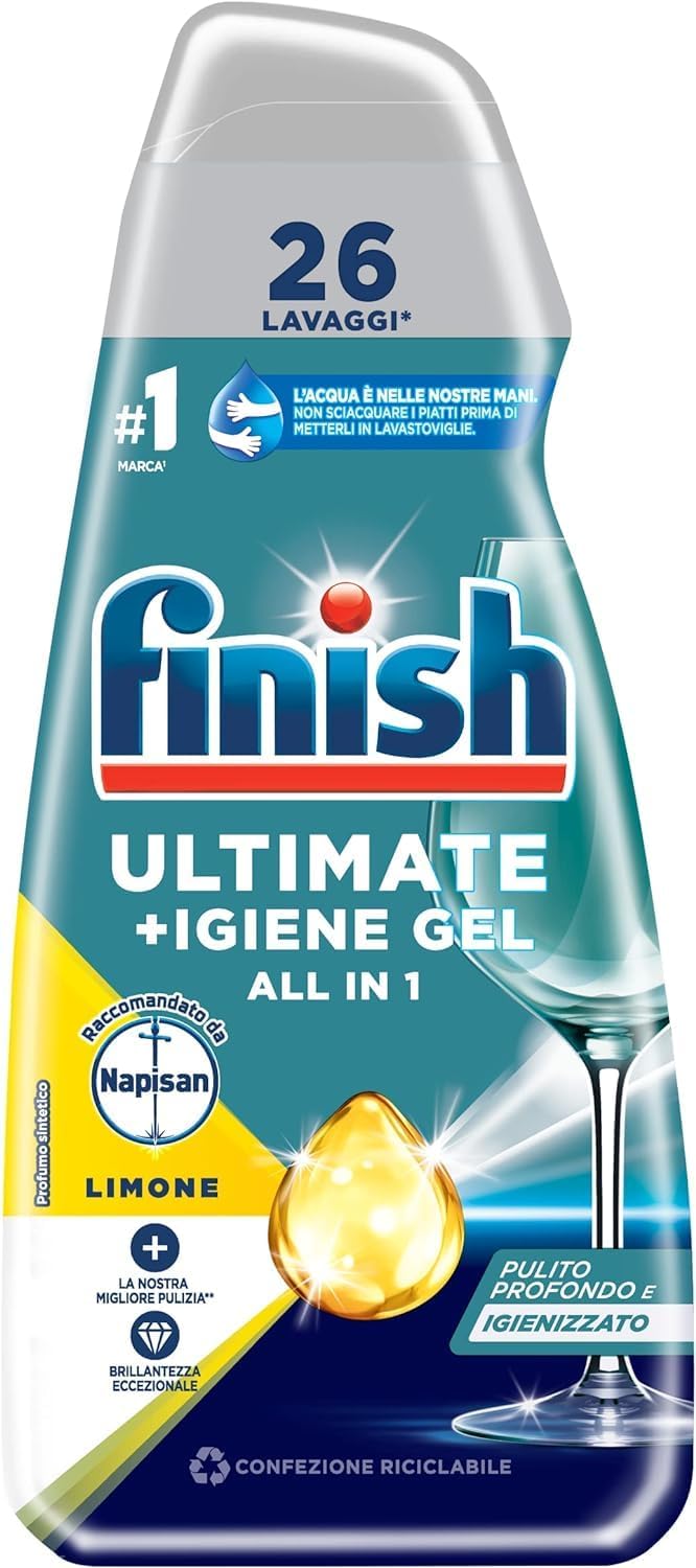 Finish Quantum +Igiene Gel, Gel Detersivo Per Lavastoviglie Liquido Raccomandato da Napisan, Multiazione, Limone, Confezione Da 26 Lavaggi