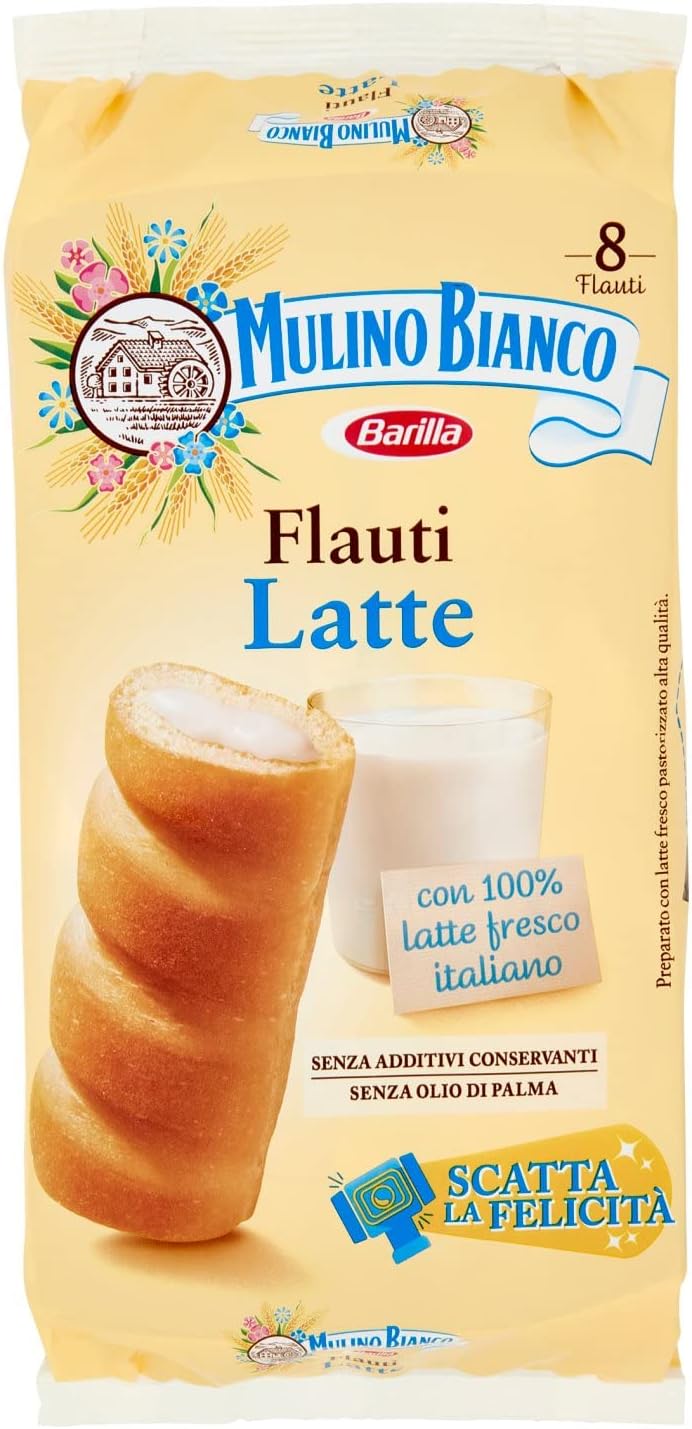 Mulino Bianco Merendine Flauti con Crema al Latte Fresco Italiano, Senza Olio di Palma, Confezione con 8 Flauti, 280 g