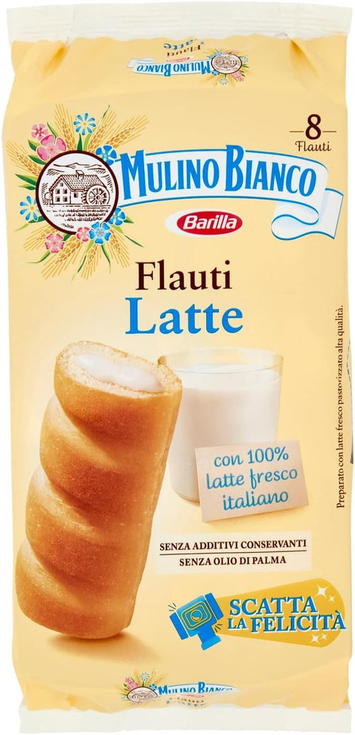 Mulino Bianco Merendine Flauti con Crema al Latte Fresco Italiano, Senza Olio di Palma, Confezione con 8 Flauti, 280 g