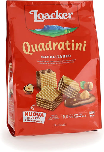 Loacker, Quadratini Napolitaner, Cubetti di Wafer Fragranti Farciti con 4 Strati di Crema di Nocciole 100% Italiane, Pratica Confezione Apri e Chiudi, Merenda Snack e Dessert, 1 Confezione da 250 g